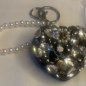 Heart Crystal Keychain/bag chain/ double sided mirror with Pearl Strap